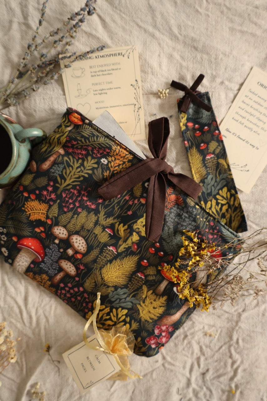 Handmade book sleeve for preloved books bundle UK forest design