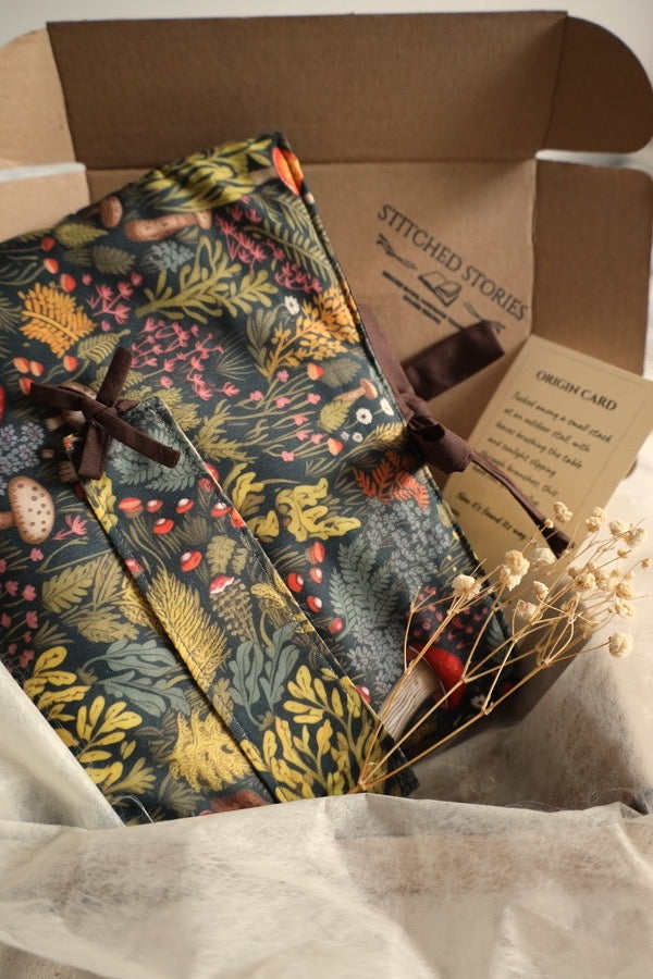 Handmade book sleeve and accessories for preloved books bundle UK forest design.