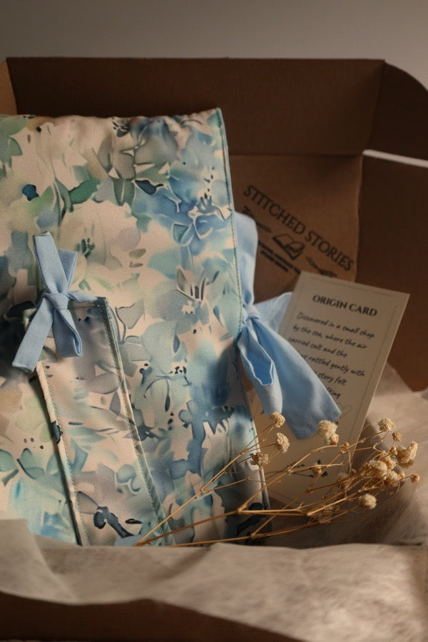 Handmade book sleeve and accessories for preloved books bundle UK blue floral design.